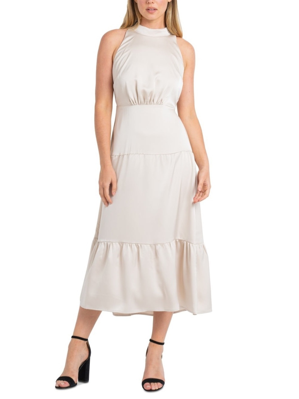 Sam Edelman Champagne Fluid Satin High Neck Midi Dress Size 12 NWT